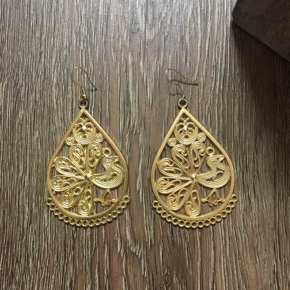 Gold Patterned Tear Drop Statement Earrings
